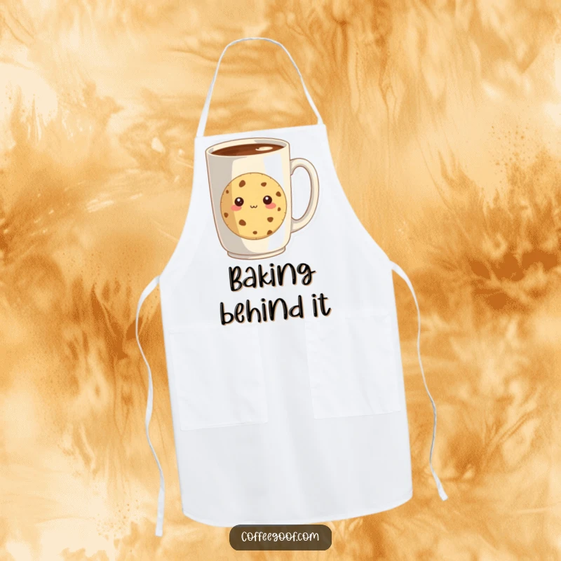 Funny apron showcasing a shy cookie peeking from behind a large coffee mug, perfect for adding sweet charm to any baking session.