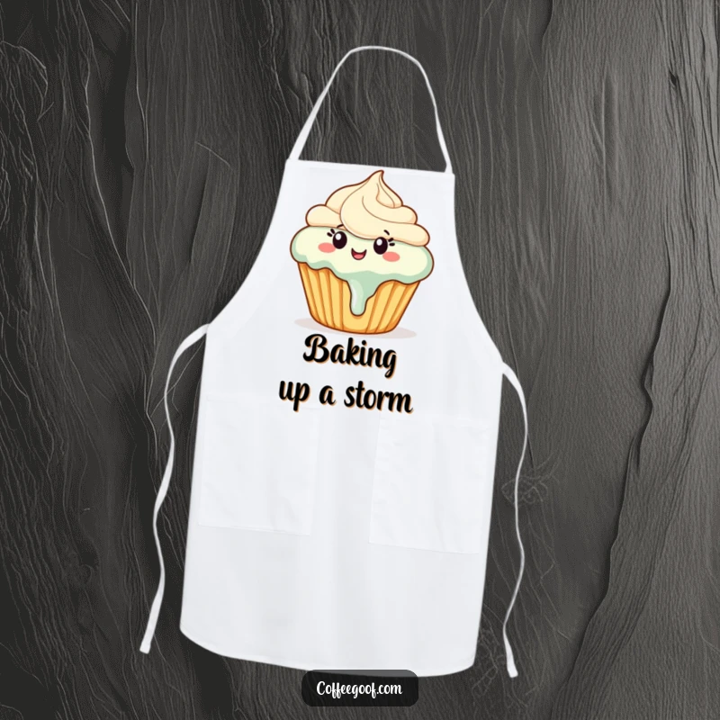 Funny cupcake apron of a happy cupcake with melting frosting dancing, perfect for adding sweet humor to the kitchen.