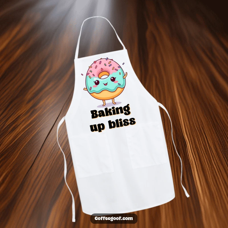 Funny Donut Apron with a delightful donut and energetic dancing sprinkles, ideal for kitchen fun.