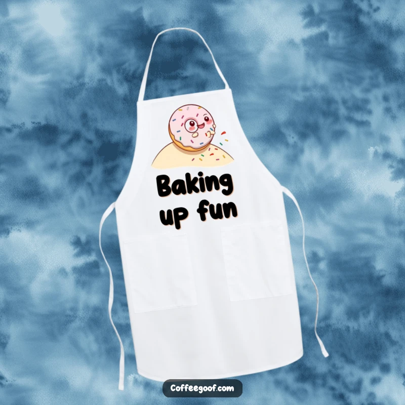 Funny kitchen apron featuring a giggling donut character rolling downhill, scattering sprinkles, ideal for bakers who love fun.