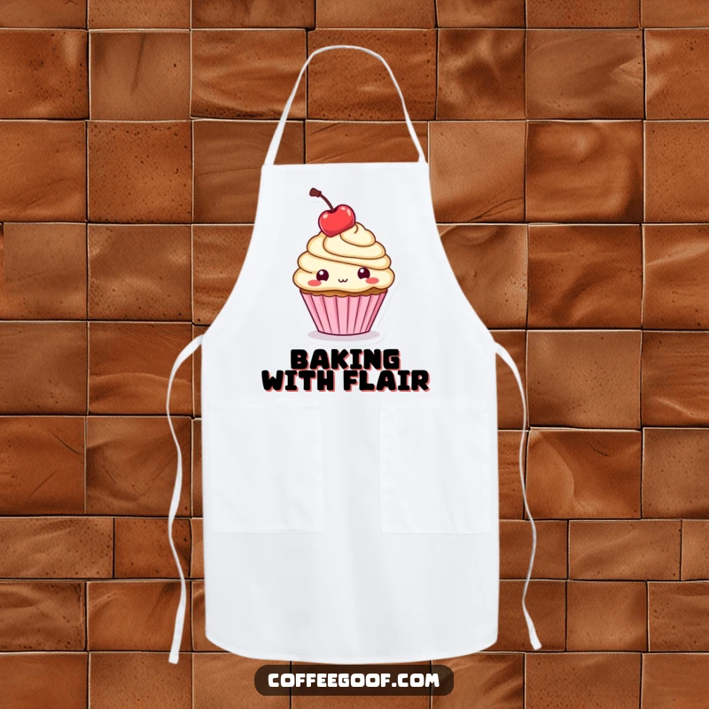 Funny Apron: A cupcake character playfully balances a cherry on its head, ready to bake delicious treats with sweet style.