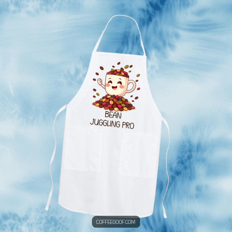 Funny Coffee Mug character in motion, juggling a heap of coffee beans, printed on a practical and funny kitchen apron.