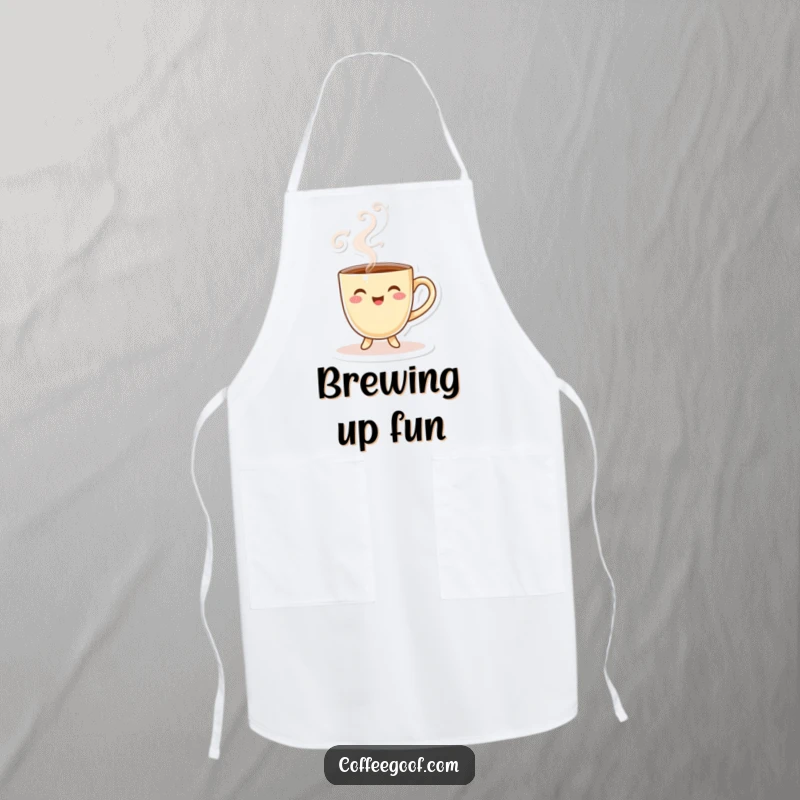 Funny Coffee Cup Apron with a smiling character and playful steam, great for kitchen fun.