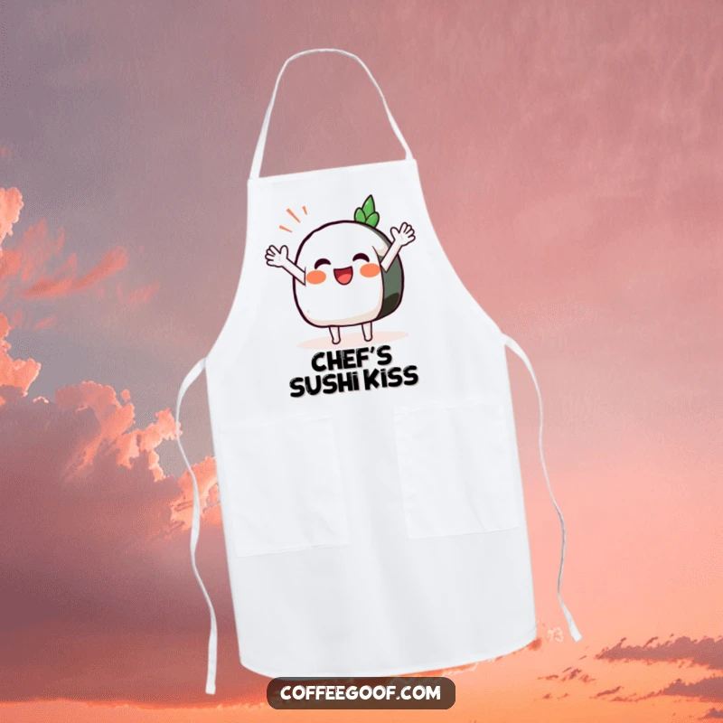 Funny Sushi Apron depicting a smiling anthropomorphic sushi piece performing a happy wave, perfect for kitchen fun.