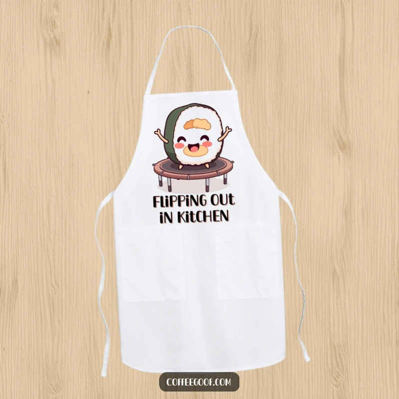 Funny sushi roll character energetically bouncing on a trampoline, designed for a chef's apron for kitchen fun.