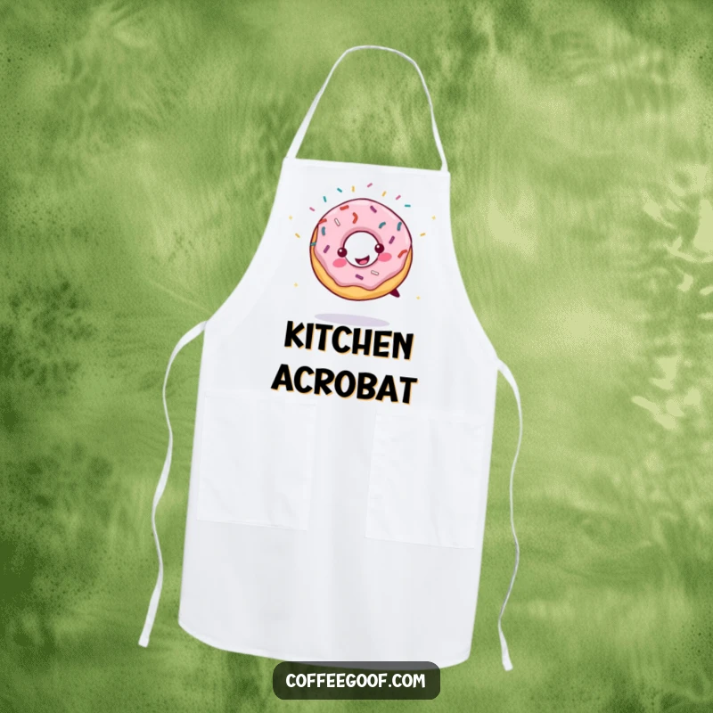 Funny apron showing a smiling donut doing a cartwheel, sprinkles flying. Great for adding fun and sweetness to kitchen activities.