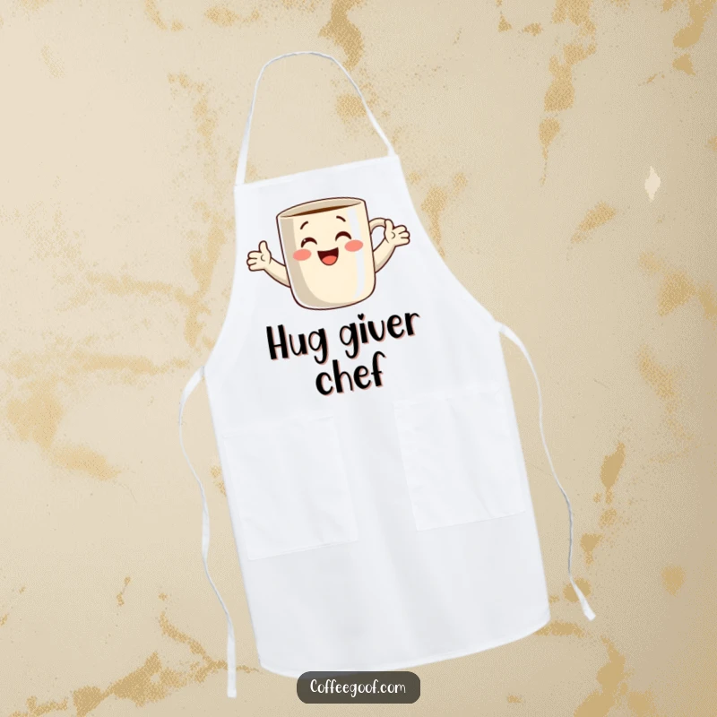 Funny apron displaying a smiling coffee mug with arms outstretched, ready to give a hug. Perfect for adding humor to kitchen activities.