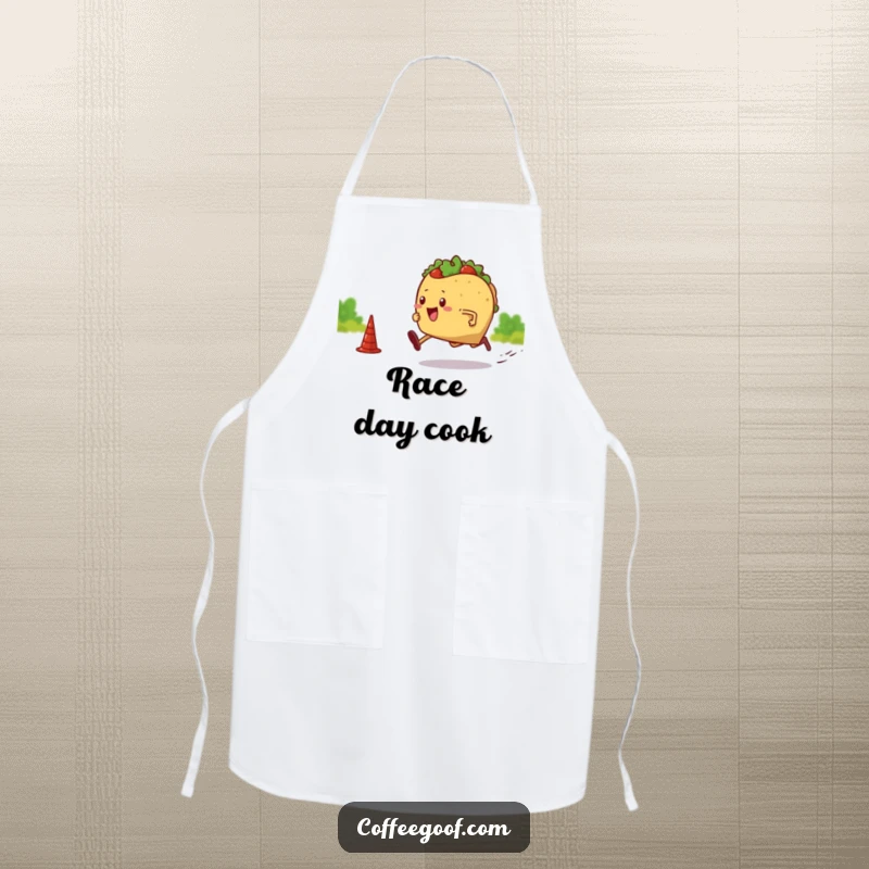 Funny apron showing a taco with legs sprinting towards a finish line. Great for adding humor and motivation to kitchen duties.