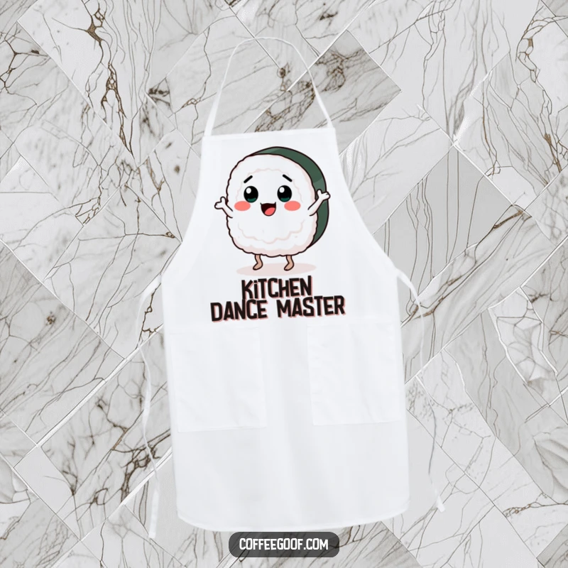 Funny apron showing a happy sushi piece dancing a jig, bringing energy and humor to the kitchen. Great for cooks and food lovers.
