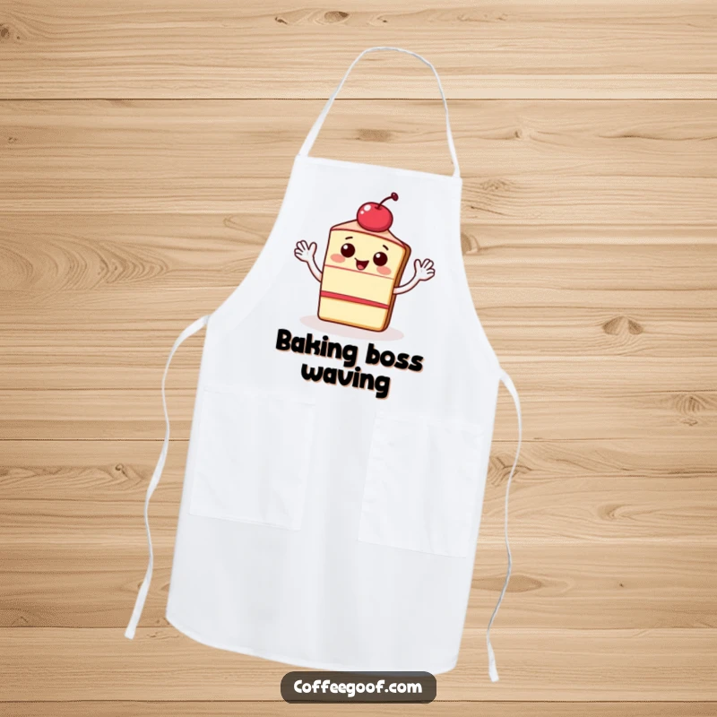Funny apron showing a happy slice of cake with a cherry on top, waving energetically. Great for adding fun and sweetness to kitchen activities.