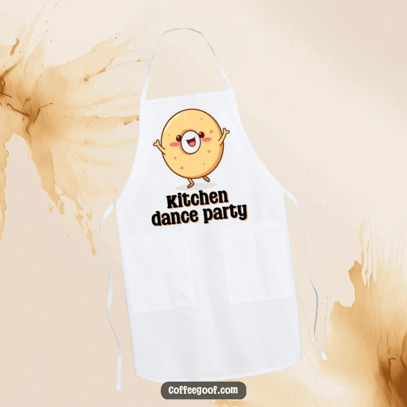 Funny Bagel Apron with a happy bagel character doing a jig, great for fun baking activities.