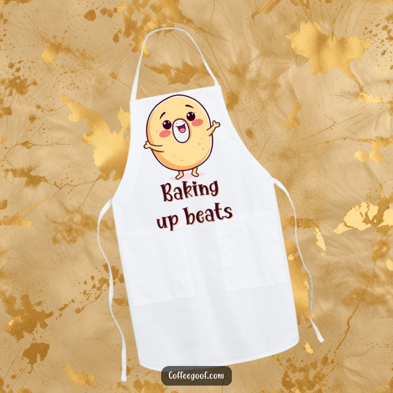 Funny bagel apron, a smiling character doing a happy dance while cooking, perfect for adding humor to the kitchen.