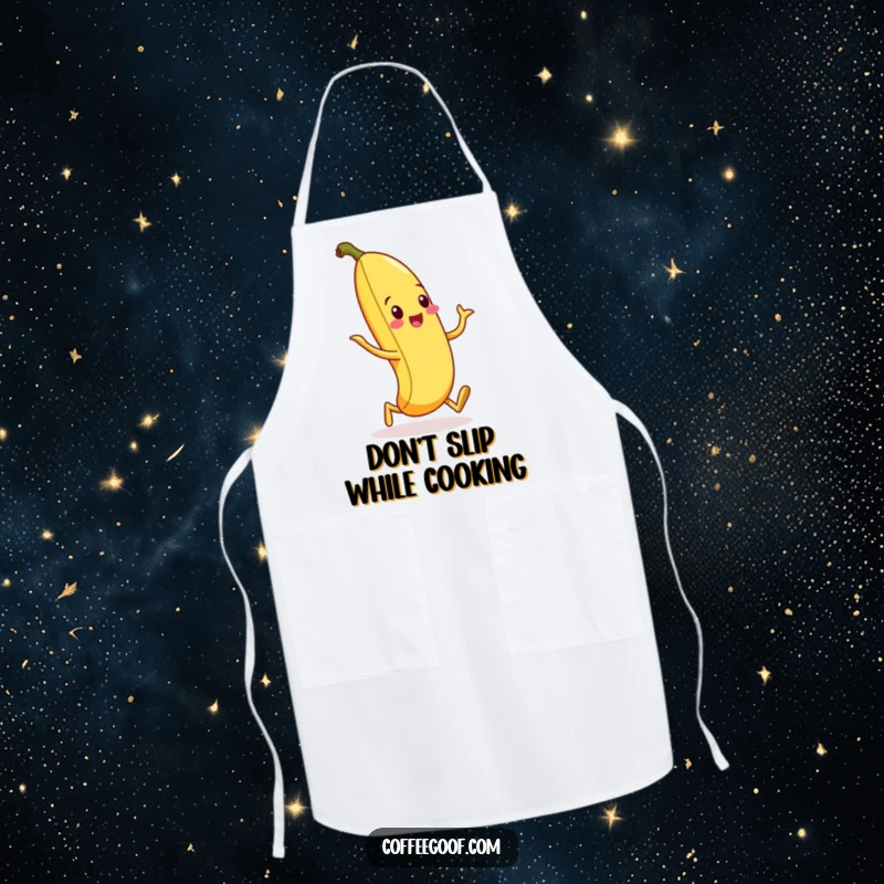 Funny apron showcasing a cheerful banana peel performing a comical silly walk, ready for culinary adventures with a flourish.