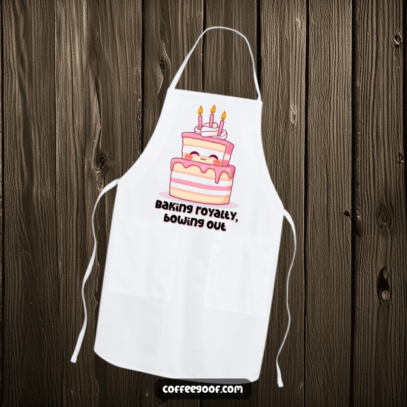 Funny Cake Apron showing a proud cake character blowing out tiny whimsical birthday candles while cooking.