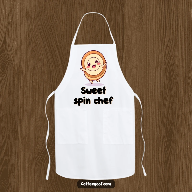 Funny cinnamon roll apron, a cinnamon roll character spinning, perfect for sweet bakers.