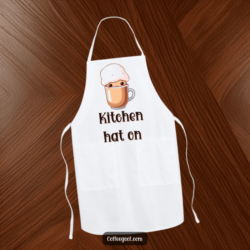 Funny cup of cocoa character wearing a whimsical marshmallow hat on a cute kitchen apron, a cozy cartoon accessory