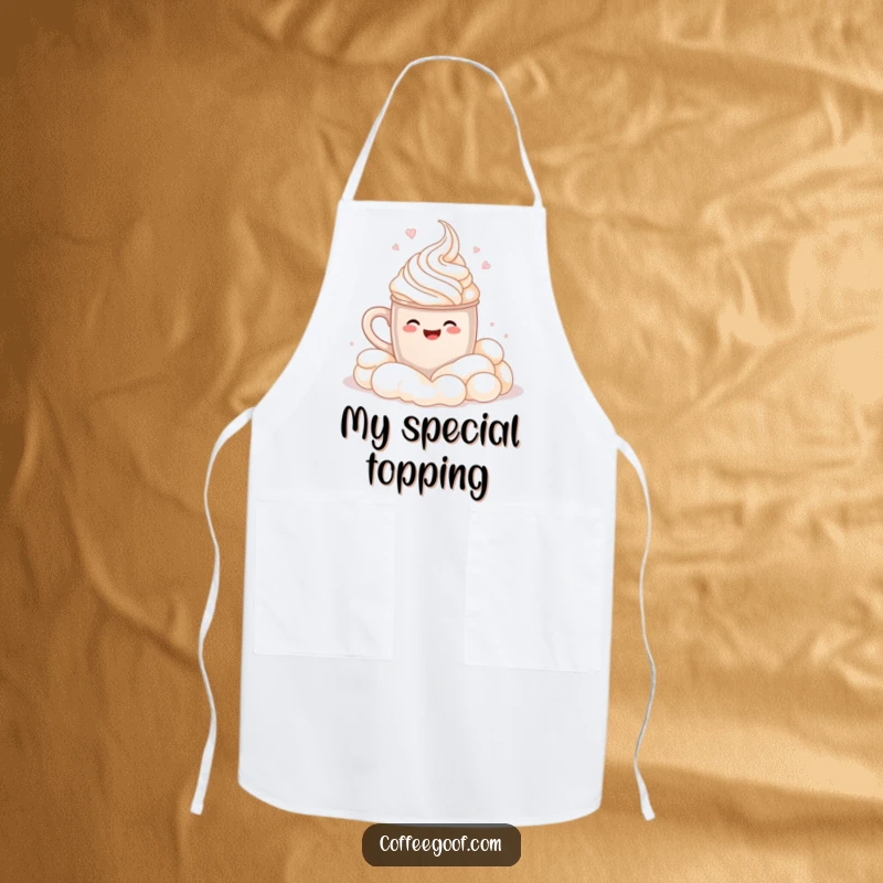 Funny Apron: A smiling cocoa mug performs a cannonball splash into whipped cream, ready to add humor to kitchen activities.