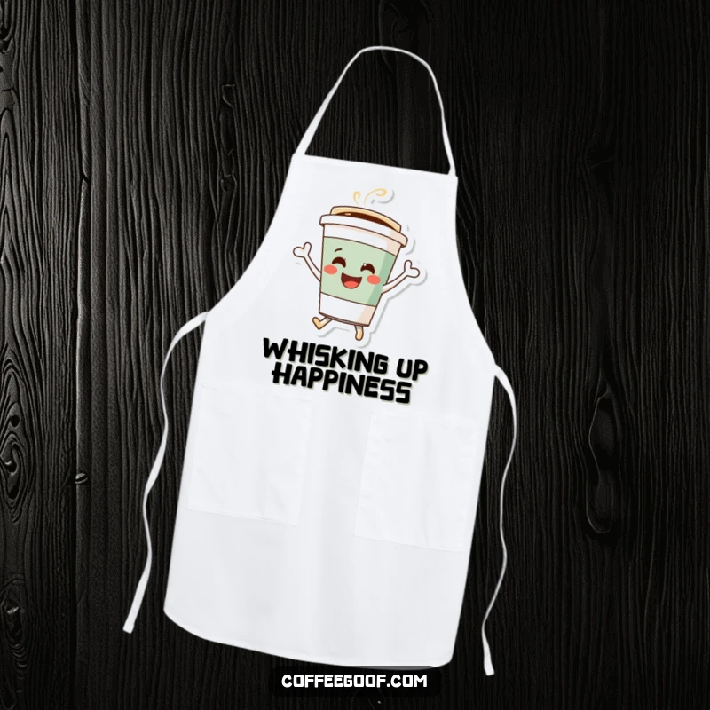 Funny coffee cup apron, a happy barista character bouncing with energy, ideal for cooking or baking with a smile.