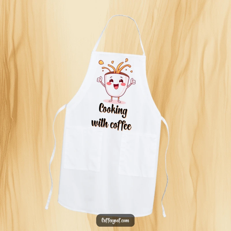 Funny kitchen apron featuring a jubilant coffee cup character spilling hot art, perfect for chefs who embrace playful messes.