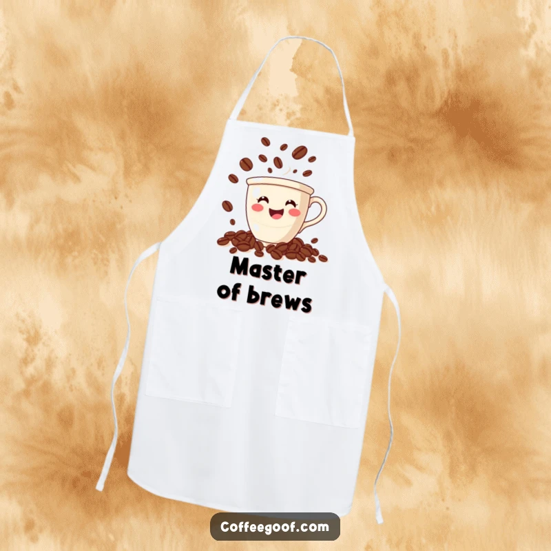 Funny coffee apron showing a smiling cup juggling animated coffee beans, adding energy and humor to the kitchen.