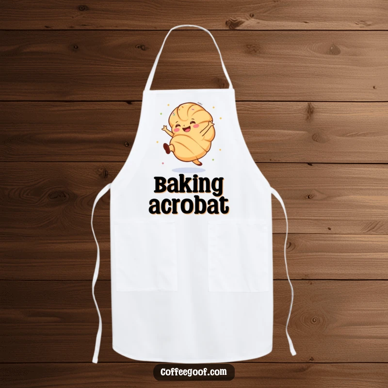 Funny croissant apron featuring a grinning pastry doing an enthusiastic cartwheel with sprinkles during kitchen activities.