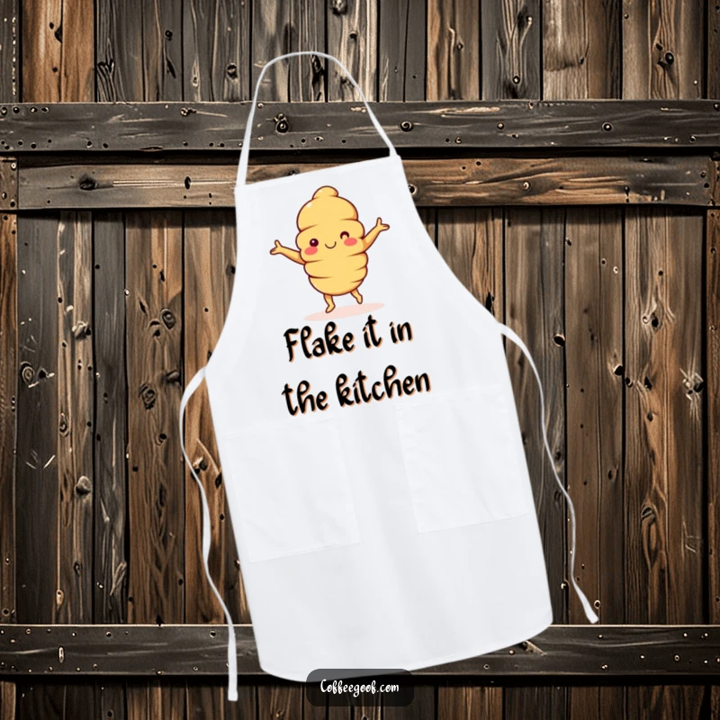 Funny Croissant Apron: A happy croissant character with arms outstretched, dancing with glee, perfect for kitchen fun and protection.