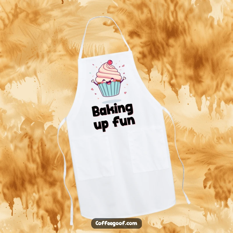 Funny apron with a delighted cupcake character spinning, icing flying like confetti, ideal for cheerful baking and kitchen fun as a gift.
