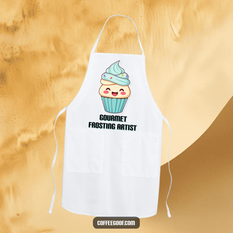 Funny cupcake apron, a cupcake character frosting itself, perfect for sweet bakers.