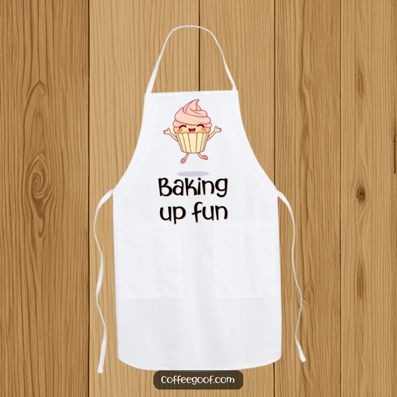 Funny Cupcake Apron depicting a delighted anthropomorphic cupcake performing a bubbly jump, perfect for fun in the kitchen.