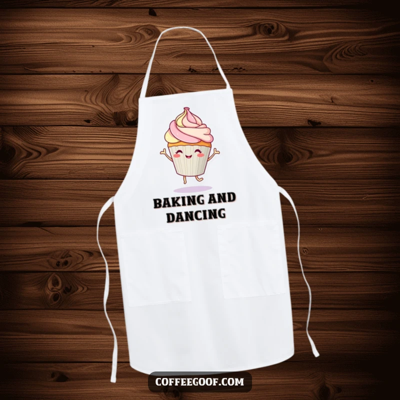 Funny cupcake character dancing with frosting on a practical kitchen apron, bringing sweet humor to baking tasks.