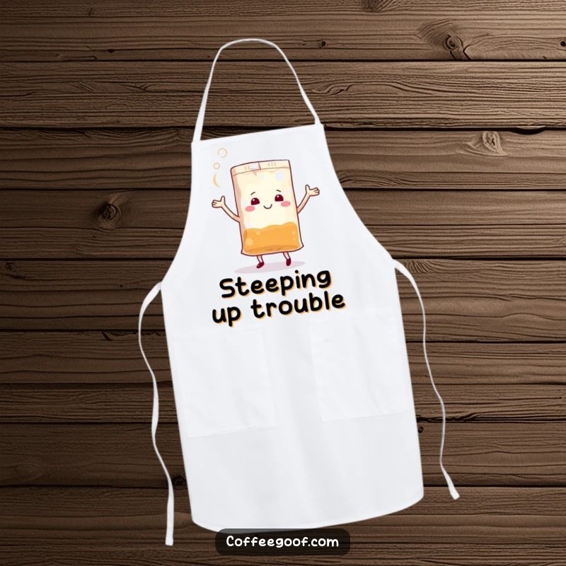 Funny Teabag Apron depicting a happy anthropomorphic teabag dancing energetically with steam, perfect for kitchen fun.