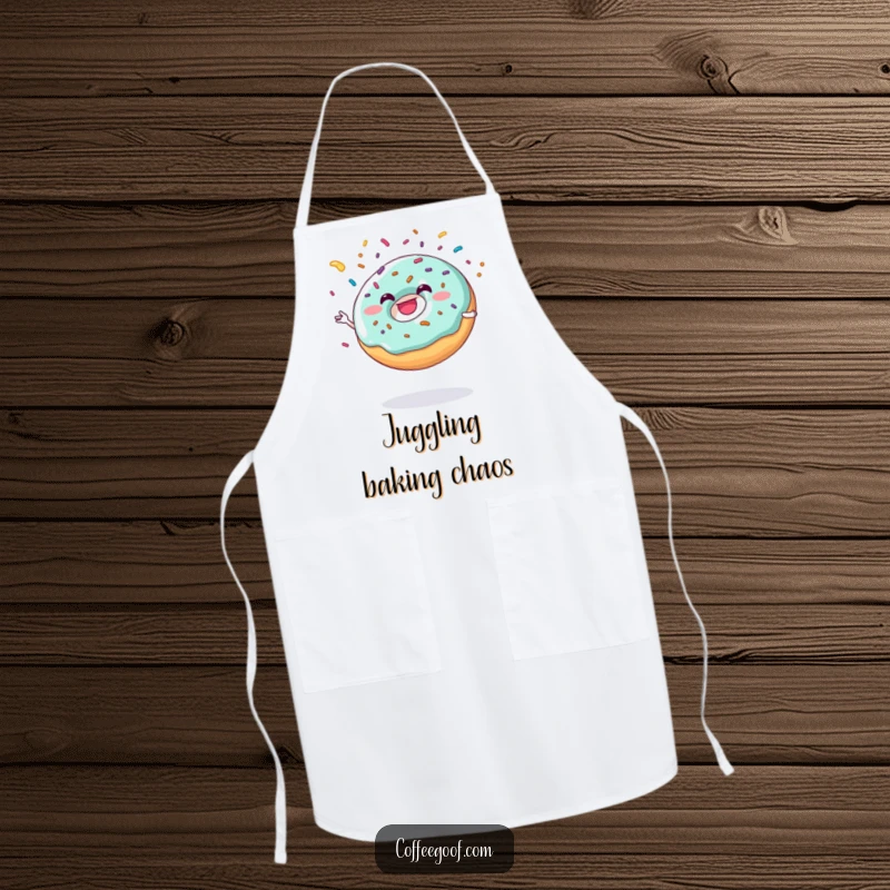 Funny donut character grinning while juggling sprinkles, designed on an apron for kitchen fun.