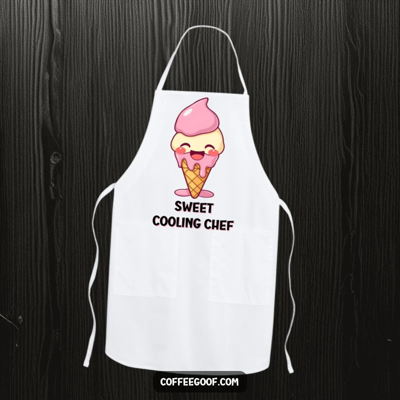 Funny giggling ice cream cone apron, melting with laughter, bringing a sweet and humorous vibe to kitchen activities.