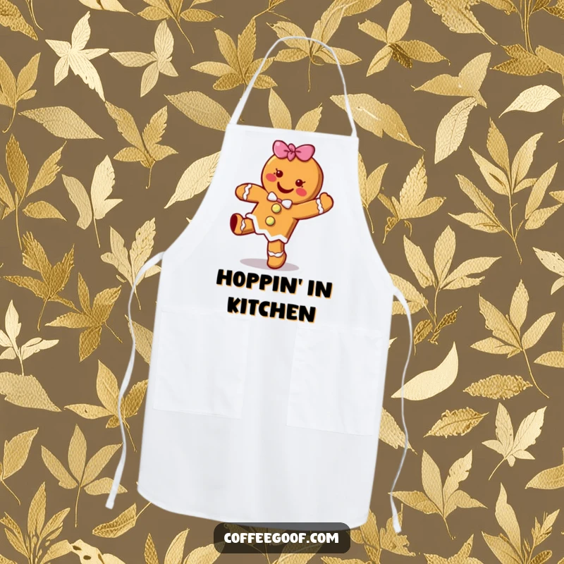Funny cheerful gingerbread cookie character doing a happy little hop on a festive baking apron, a cute cartoon cooking accessory