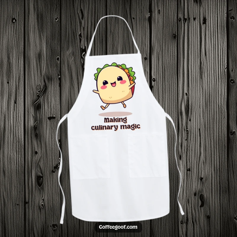 Funny apron showing a happy taco with legs dancing a jig, bringing festive Mexican flair to kitchen tasks, perfect for playful cooks.