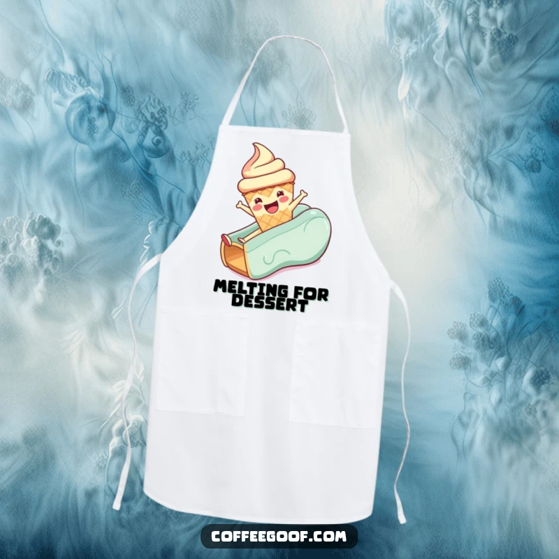 Funny apron showcasing a happy anthropomorphic ice cream cone sliding across the front, ready for kitchen adventures.