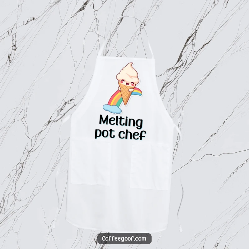 Funny Ice Cream Apron depicting a smiling anthropomorphic ice cream cone sliding down a rainbow, perfect for fun in the kitchen.