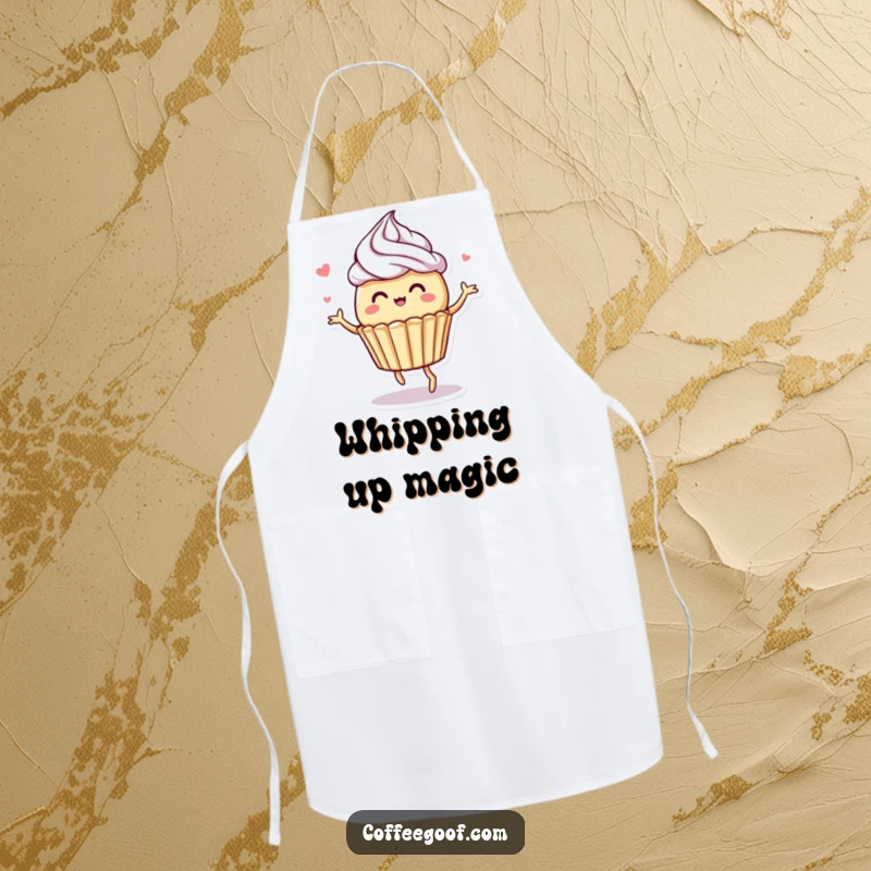 Funny apron featuring a whimsical muffin character dancing with decorative frosting swirls, making kitchen tasks a delightful and humorous experience.