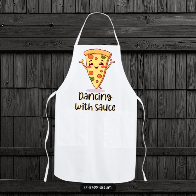 Funny smiling pizza slice apron, doing a silly dance, bringing a humorous and festive vibe to kitchen activities.
