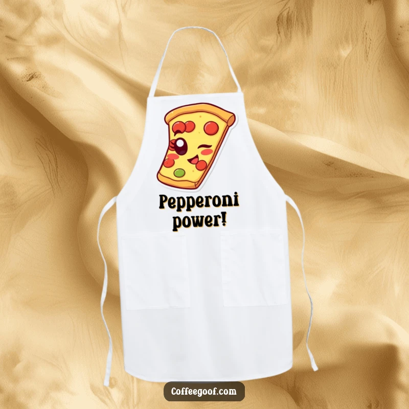 Funny pizza apron of a cheerful slice winking with a pepperoni eye, perfect for adding humor to the kitchen.