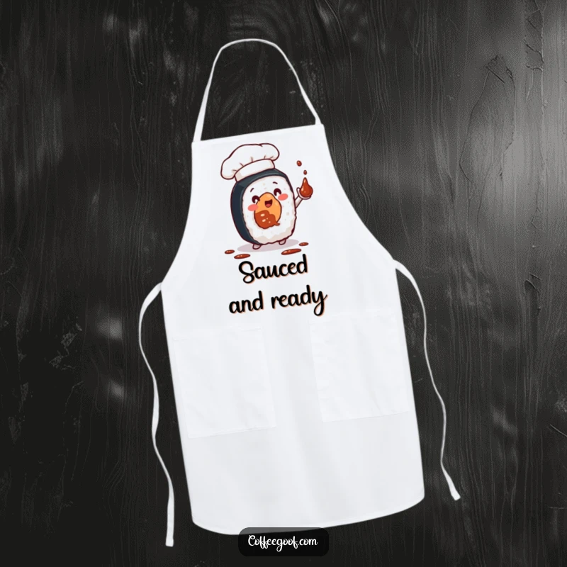 Funny apron showcasing a sushi roll character, wearing a chef hat and juggling soy sauce bottles, protecting cooks with style and humor.
