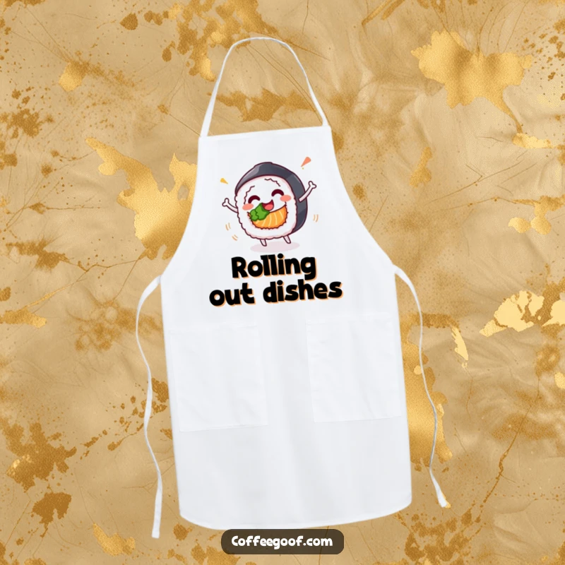 Funny apron featuring a happy sushi roll character in a celebratory spin, making kitchen tasks a delightful and humorous experience.