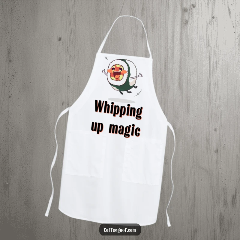 Funny Sushi Roll Apron: Excited sushi roll character in a wobbly spin, perfect for kitchen fun and protecting clothes.