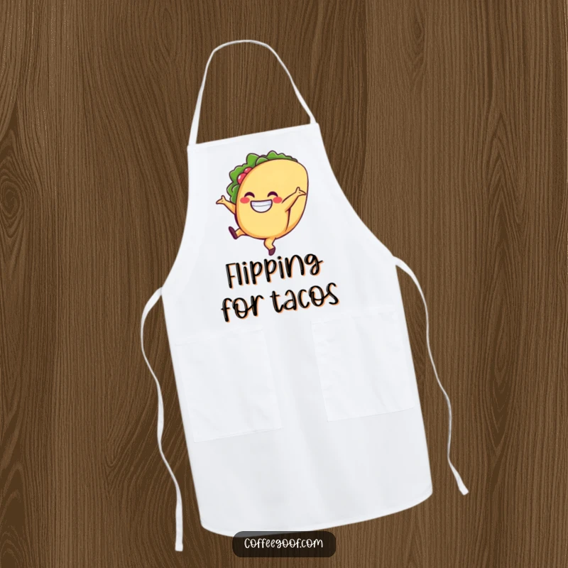 Funny taco apron, a grinning character doing a cartwheel while cooking, perfect for adding humor to the kitchen.