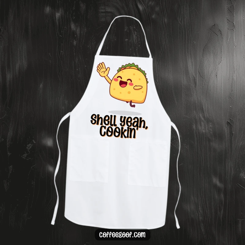 Funny apron featuring a taco with legs enthusiastically performing a high-five, a humorous and functional addition to any kitchen.