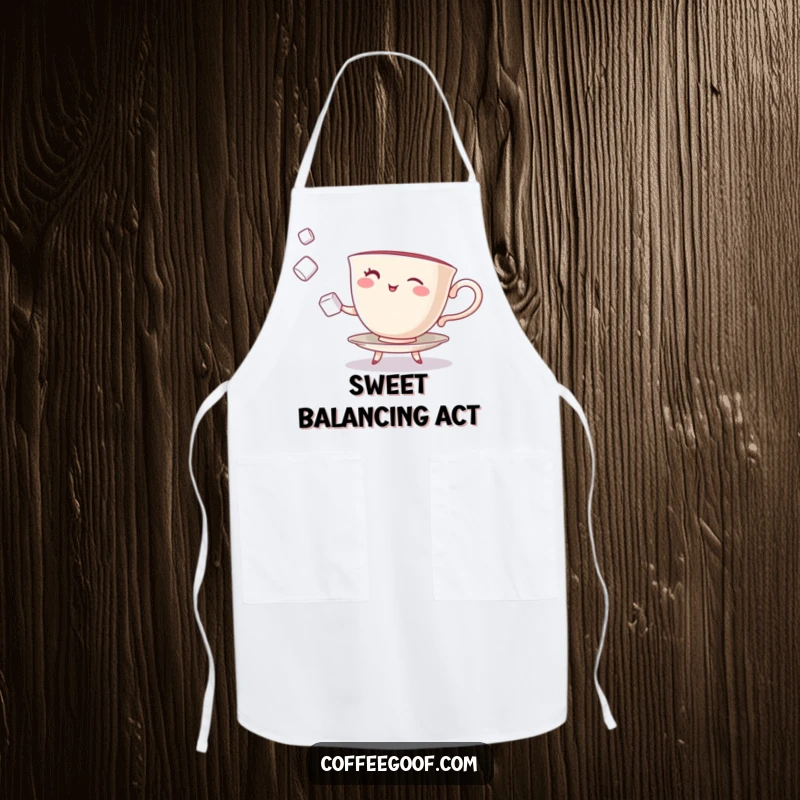 Funny Teacup Apron with a winking character juggling sugar cubes, great for playful kitchen activities.