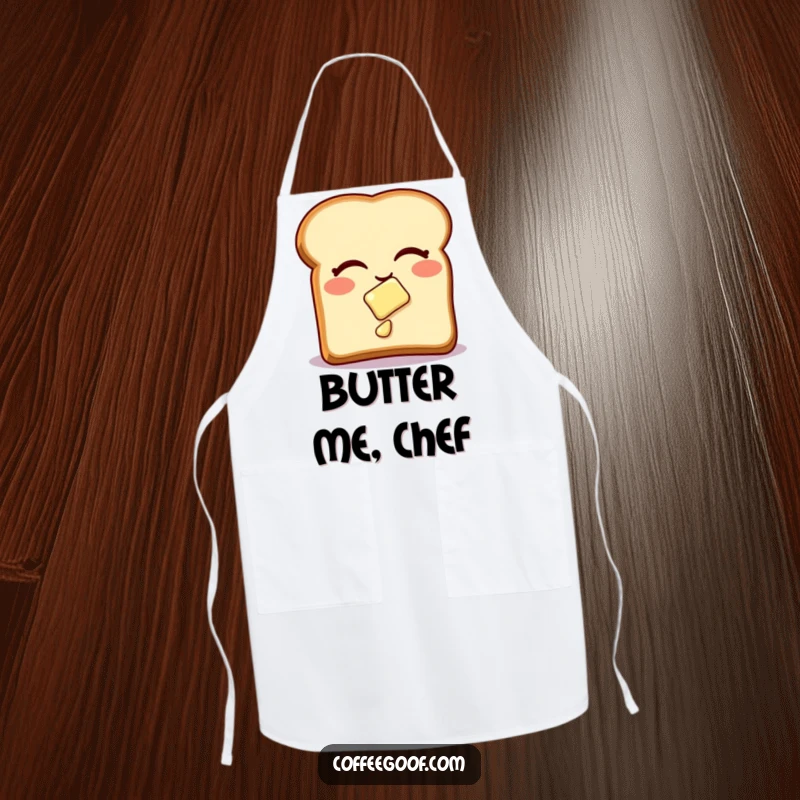 Funny Apron with a winking toast and sliding butter, bringing humor to the kitchen and perfect as a funny gift.