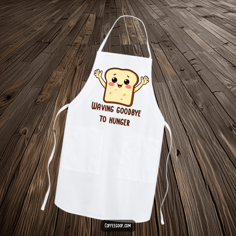 Funny toast character with arms enthusiastically waving, designed on an apron for kitchen fun.