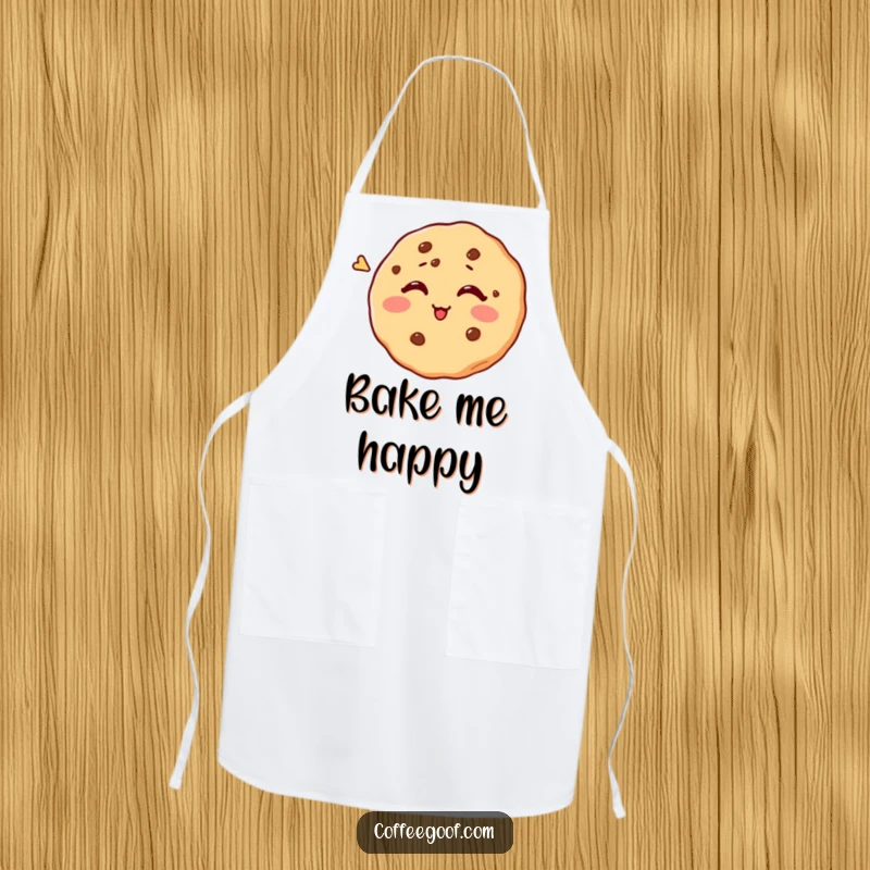 Funny apron showcasing a cheerful cookie with a crooked smile, humorously attempting to wink while you cook.