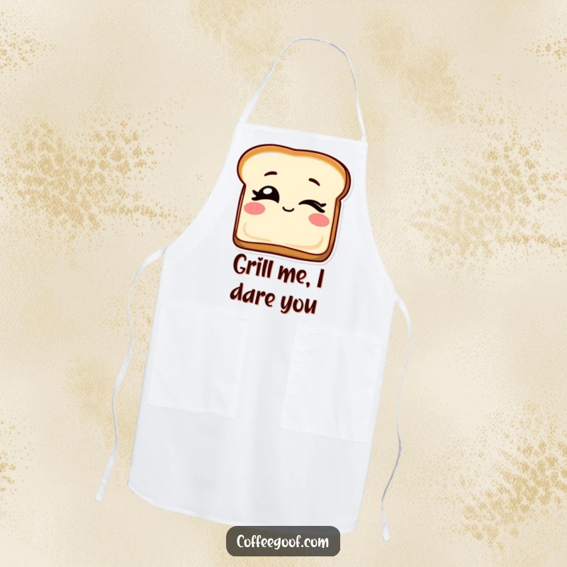 Funny apron showcasing a slice of toast with playful winking eyes, perfect for adding breakfast cheer to any cooking session.